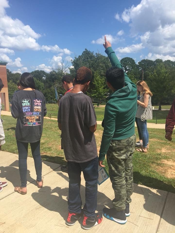 Students Observing the Sky Students are outside observing clouds and conditions in the sky. One student points upwards at something in the sky.